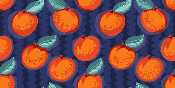 Abstract stylized orange apricot or peach with leaves seamless pattern. Vector hand drawn sketch. Bright illustration fruits patterned or dark blue striped background. Template for design, printing
