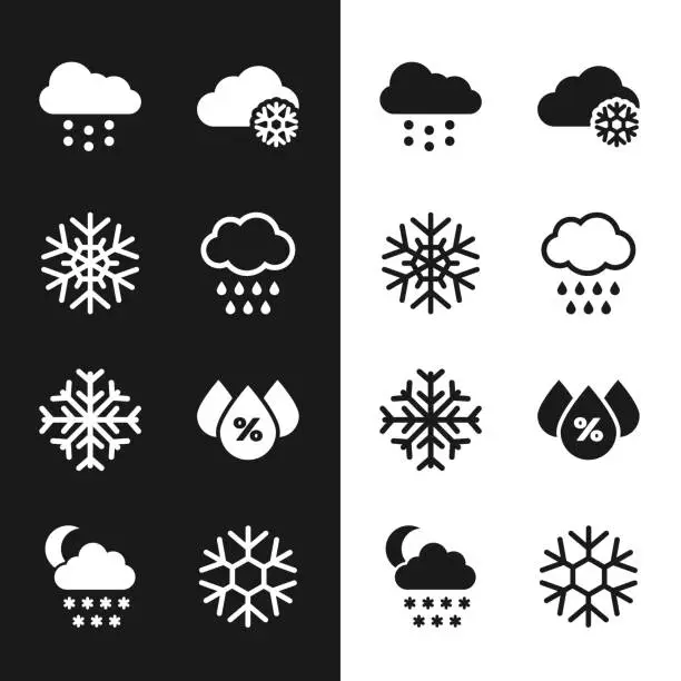Vector illustration of Set Cloud with rain, Snowflake, snow, and Water drop percentage icon. Vector