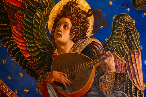16th century fresco depicting a musician angel, Valencia Cathedral, Spain