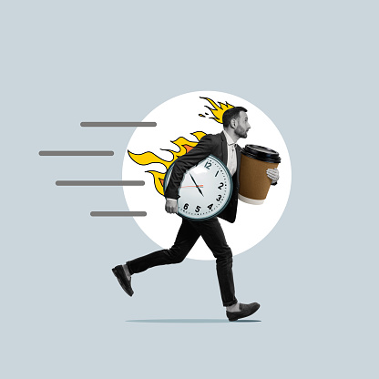 Running businessman with a clock and a cup of coffee. Art collage.