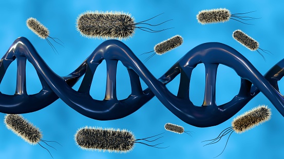 3d rendering of a double helix DNA strand surrounded by several rod-shaped bacteria, the interaction between bacteria and DNA.