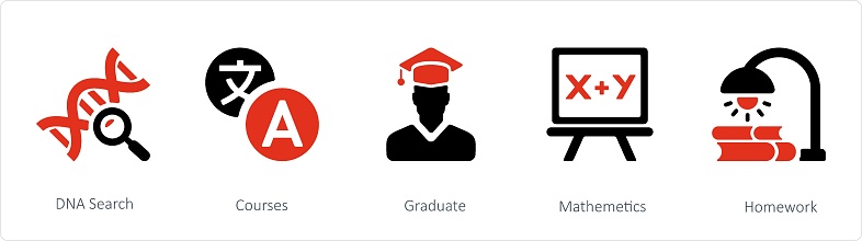A set of 5 Education icons such as dna search, courses and graduate