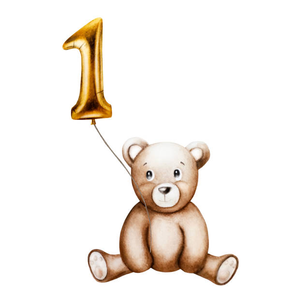 Watercolor cute cartoon teddy bear with golden foil balloon number 1 on a string. Hand drawn baby illustration isolated on white background. Lovely toy for baby and kids new born celebration, designers, prints, baby shower, postcards, wrapping paper Watercolor cute cartoon teddy bear with golden foil balloon number 1 on a string. Hand drawn baby illustration isolated on white background. Lovely toy for baby and kids new born celebration, designers, prints, baby shower, postcards, wrapping paper, girl levitating stock illustrations