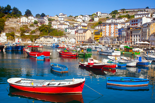 Luarca village and busy fishing harbour, Asturias, Spain,  summer afternoon.