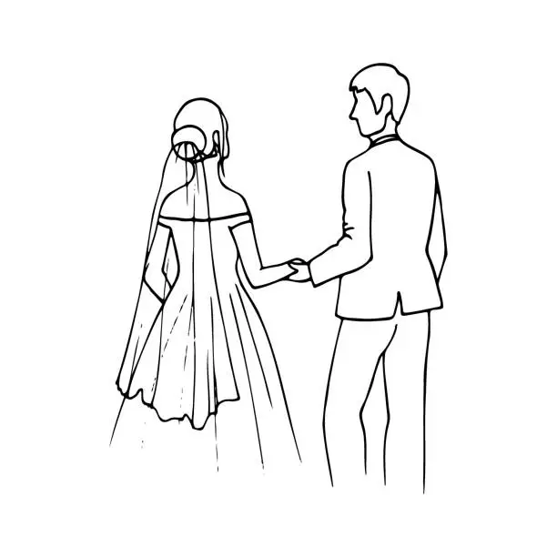Vector illustration of groom leads the bride by the arm, the newlyweds leaving - a hand-drawn drawing of the newlyweds. wedding illustration of bride and groom