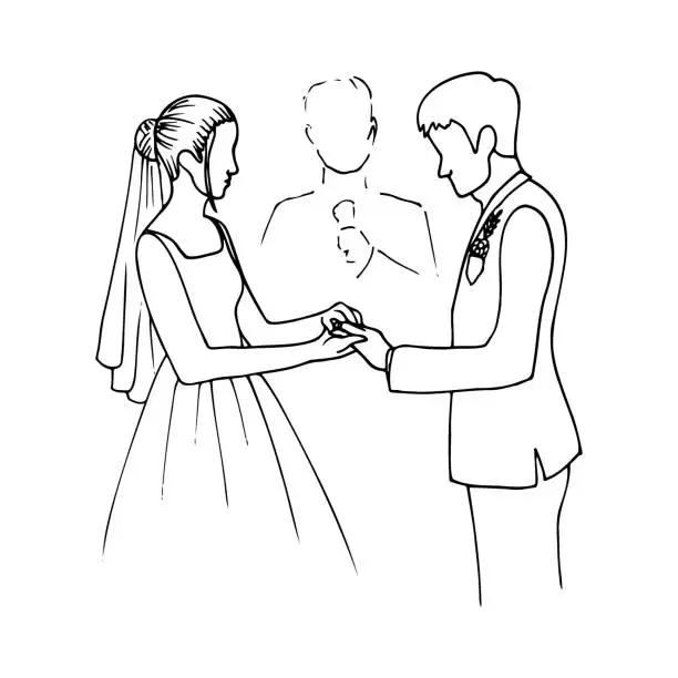 Vector illustration of bride puts a ring on the groom's finger during the wedding ceremony - hand drawn doodle illustration. drawing of the newlyweds in front of the priest or master of ceremonies