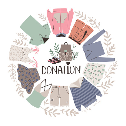 Donating clothes concept. Vector illustration about charity for needing people. Donate and help concept, care and support clothes cartoon