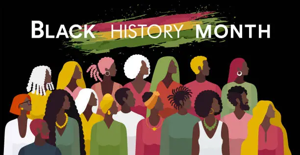 Vector illustration of Large Group of Black People. Black History Month. Seamless Pattern. Learning about African culture.