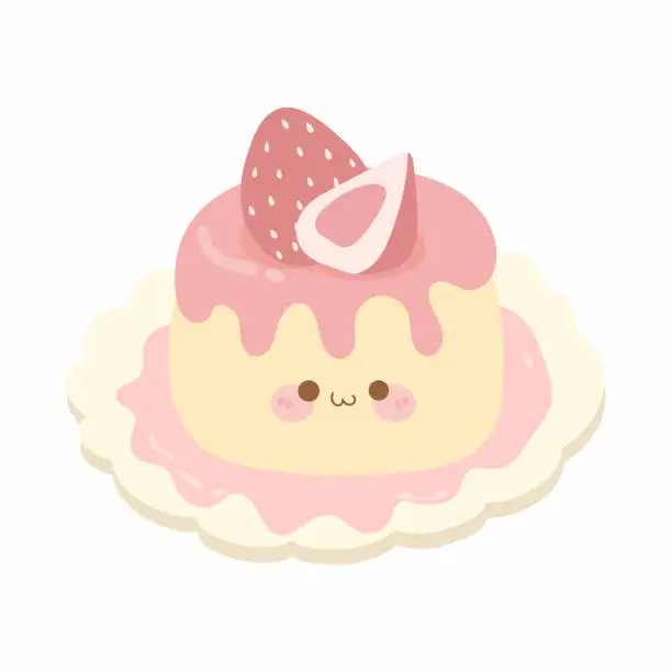 Vector illustration of Cute kawaii sweet dessert pudding strawberry vector