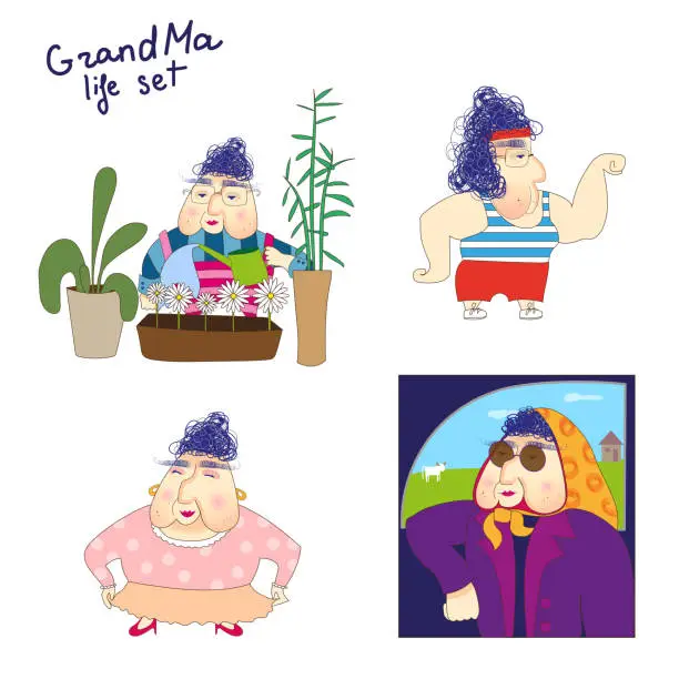 Vector illustration of Cartoon active grandma set. Concept of happy older years. Ready character for your brand. Isolated. Vector.