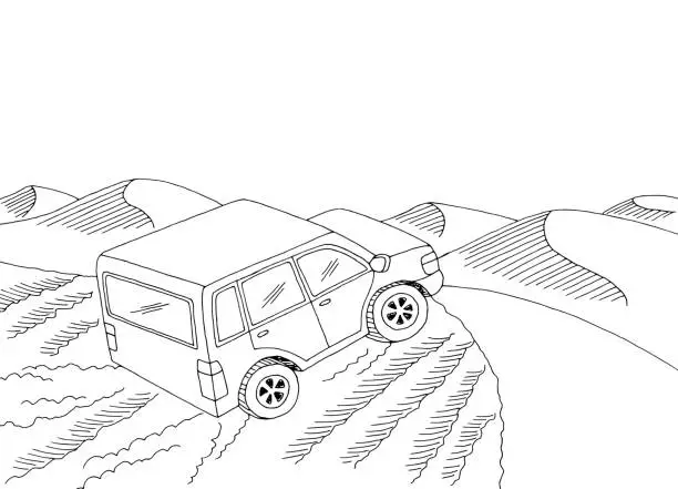 Vector illustration of Desert car travel graphic black white landscape sketch illustration vector