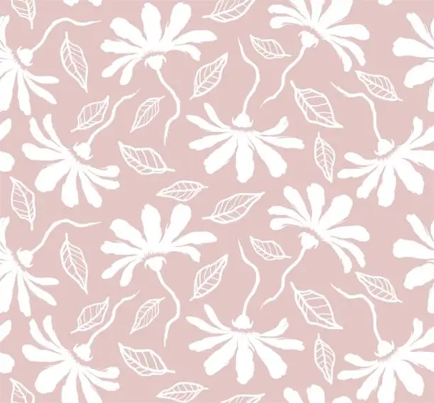 Vector illustration of Flowers hand drawn seamless pattern. ink brush texture.