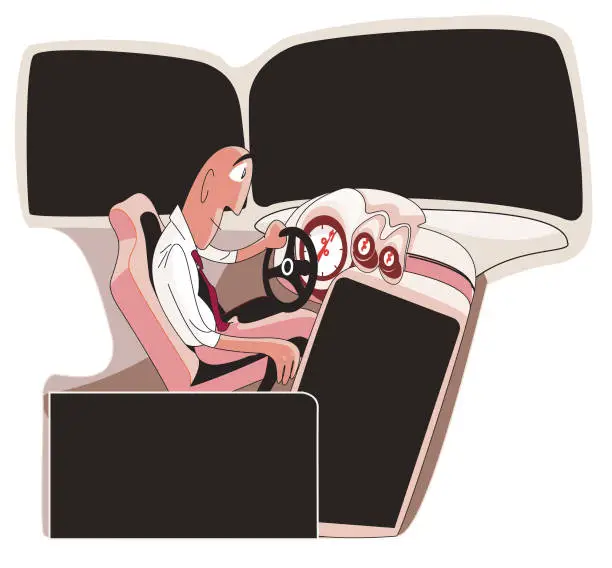 Vector illustration of man behind the wheel in a car and text fields