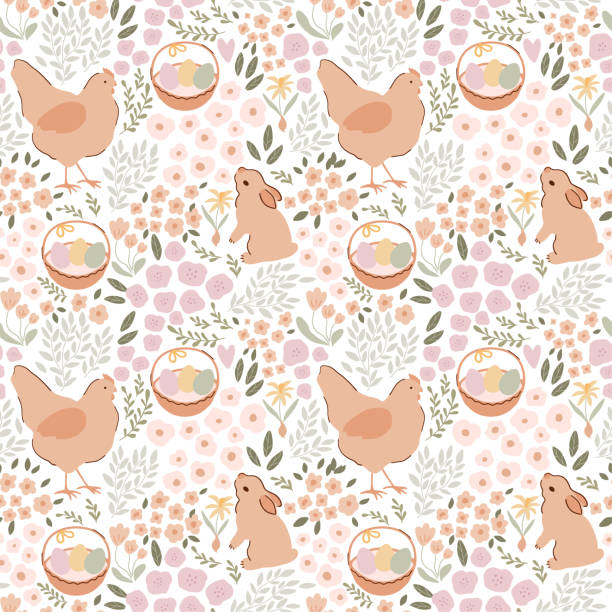 blumen osterhase, huhn, eier muster in beige farbe. vektor-baby-kaninchen-tier, niedliche henne, pastellfarbene winzige blumen. - chicken baby chicken animal egg animal stock-grafiken, -clipart, -cartoons und -symbole