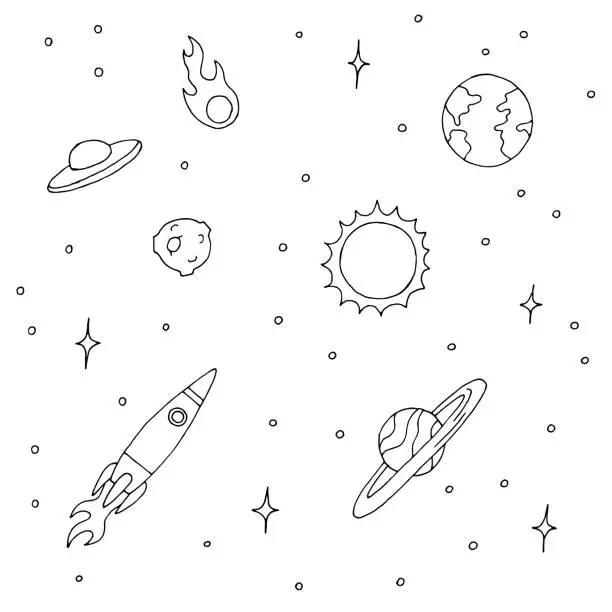 Vector illustration of Rocket in space graphic black white sketch illustration vector