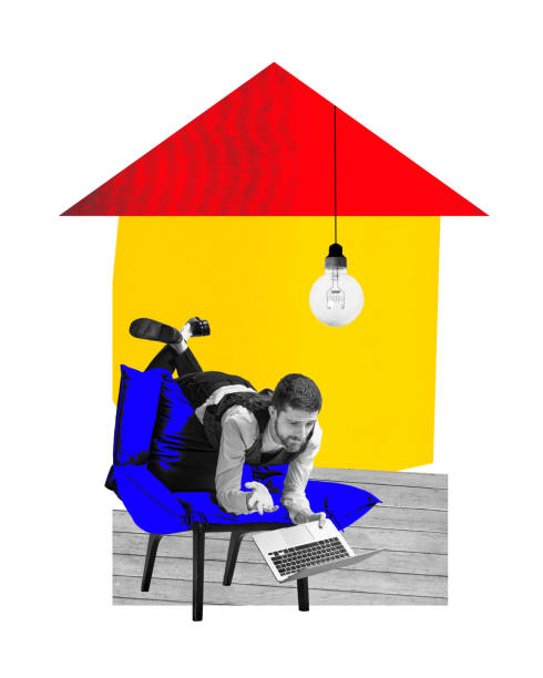 istock Businessman, freelancer lying on chair in weird pose at home and working remotely, looking on laptop. Contemporary art collage. 2004831507