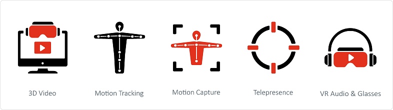 A set of 5 business icons such as 3d video, motion tracking and Motion Capture