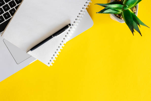 istock Laptop, notepad and plant on yellow background, flat lay. 2004835303