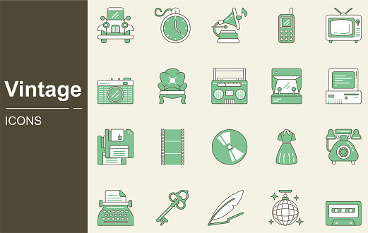 Vintage icon set. Nostalgia, nostalgic, 90s retro, Classic 80s 90s elements, groovy, musical instrument, old, past, miss, Fashion, Furniture, Music, Movie, Memory Collection, hourglass, turn back time