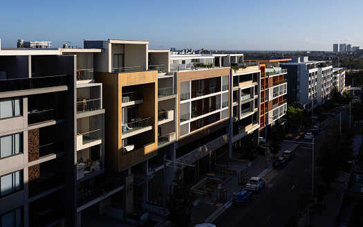 Sydney, Australia - February 12, 2024: Exterior view of row of apartment buildings.
