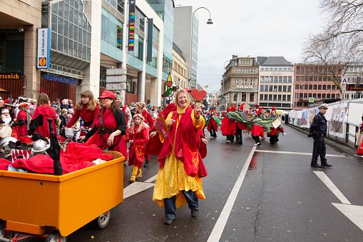 Cologne, Germany - February 11, 2024: On Carnival Sunday in Cologne, there are the traditional parades of schools and societies, Schull- un Veedelszöchthe participants are usually wearing self made costumes, here a group of Waldorfschule