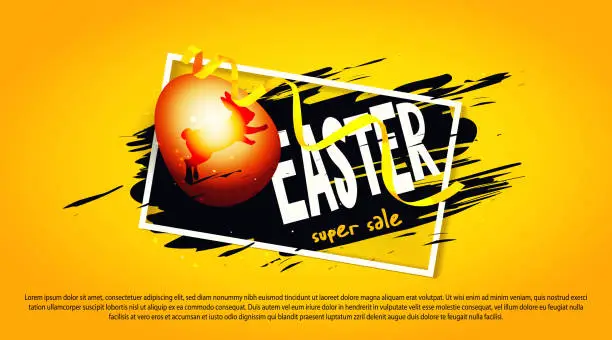 Vector illustration of Easter celebration concept in realistic style. Easter chocolate egg with bunny on abstract gold background. Stylish luxury banner with space for text for holiday discounts.