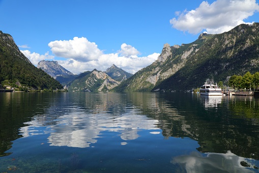 Traunsee mountain lake in Austrian Alps. Austria landscape in Salzkammergut region. Lake Traun.