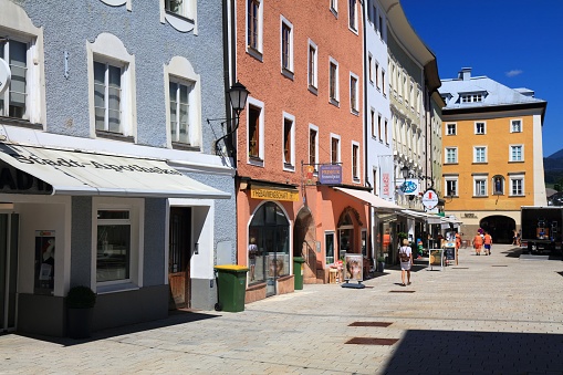 People visit Old Town of Hallein in Salzburg State, Austria.