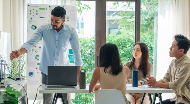 istock diversity team brainstorming  in ESG (environment,socail,governance)  use renewable energy in compay at  sustainable office 2004877198