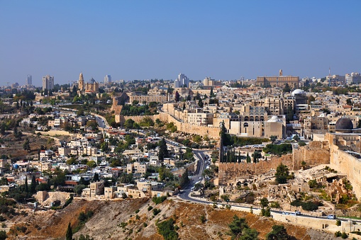 Jerusalem aerial view with Silwan residential district (front left) and Old City (right).