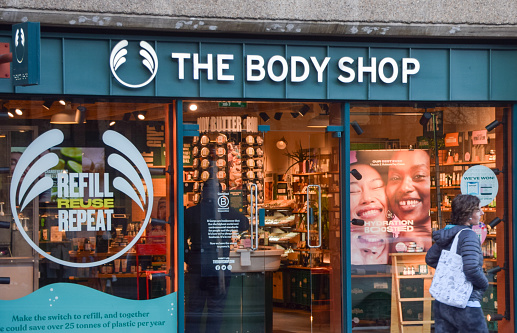London, UK - February 12 2024: A person walks past a Body Shop store in Central London.