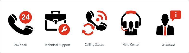 A set of 5 business icons such as 24x7 call and Technical Support