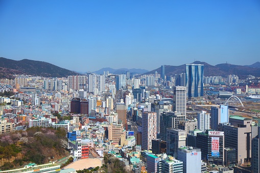 Cityscape of Busan with Jung district (Jung-gu) and Jungang neighborhood.
