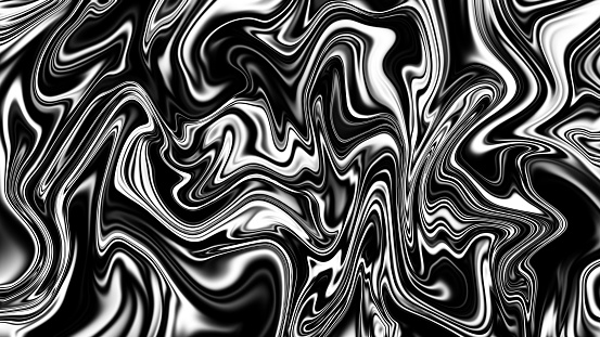 Black And White Fluid Abstract Background. Melty Metalic Liquid. Marble Effect. Undulating Contrasts And Flowing Lines