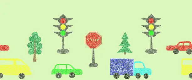 Vector illustration of Seamless pattern (border) with hand drawn cars on green background in childrens naive style.