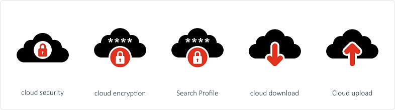 A set of 5 Big Data icons such as cloud security and cloud encryption