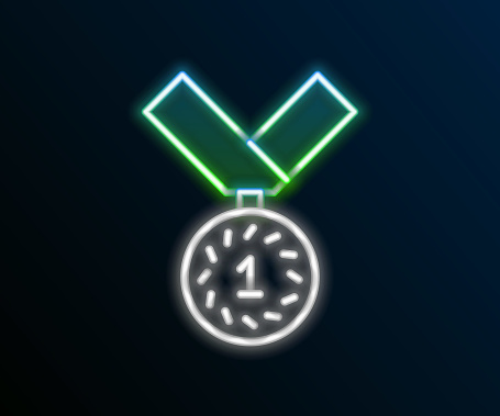 Glowing neon line Medal icon isolated on black background. Winner symbol. Colorful outline concept. Vector.
