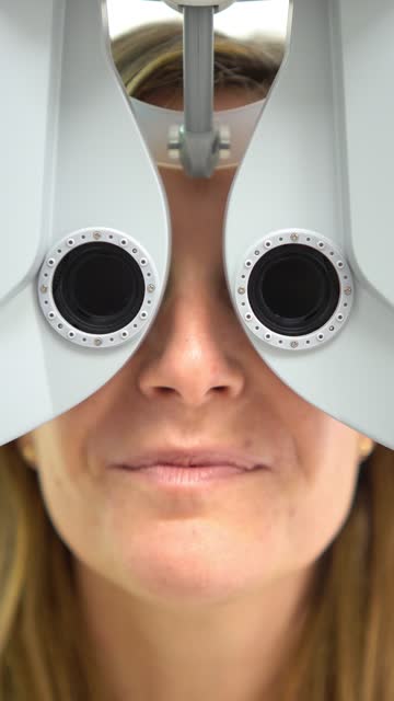 vertical close up of a woman during an eye medical test in a clinic