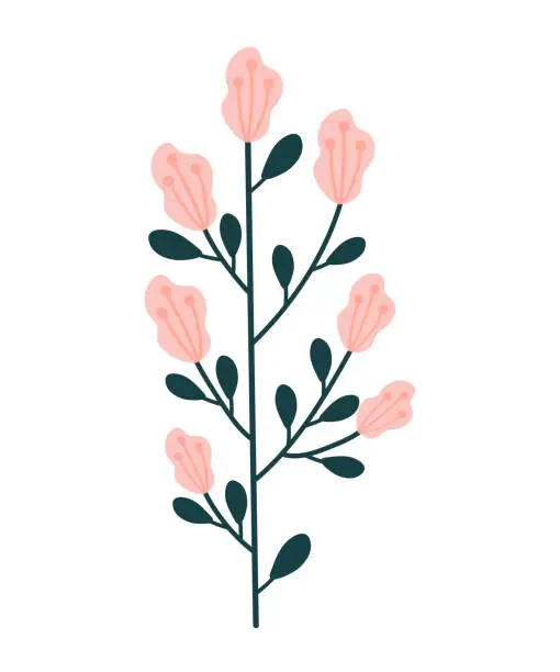 Vector illustration of One branch with pink flowers and green leaves drawn by hand. Vector illustration, eps 10.