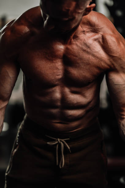 Front View Of Developed Pec Muscles During Dips By Male Athlete