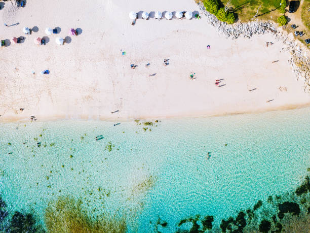 istock Sunlit Sandy Beach with Turquoise Waters and Colorful Umbrellas, Bali. View from above. 2004959699