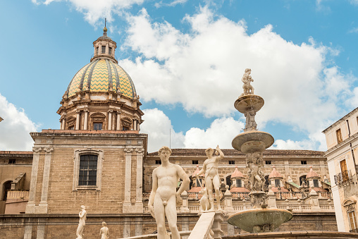 Statue of the Dioscuri, the Pollux twin placed there in 1584 at the Campidoglio square staircase Rome Italy