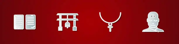 Vector illustration of Set The commandments, Japan Gate, Christian cross on chain and Man with third eye icon. Vector