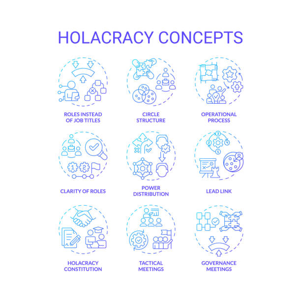 Holacracy structure blue gradient concept icons Holacracy structure blue gradient concept icons. Power distribution. Operational process, meetings. Icon pack. Vector images. Round shape illustrations for promotional material. Abstract idea adaptability icon stock illustrations