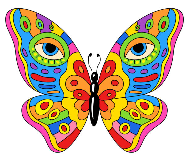 Hand drawn psychedelic multicolor butterfly with eye pattern on the wings Hippie style psychedelic butterfly with eyes on its wings vector illustration isolated on white background butterfly purple blue isolated stock illustrations