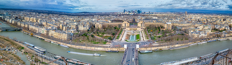 Paris City in France as Panoramic View From Eiffel Tower, River Seine and Avenue Des Champs Elysees.Panoramic Image