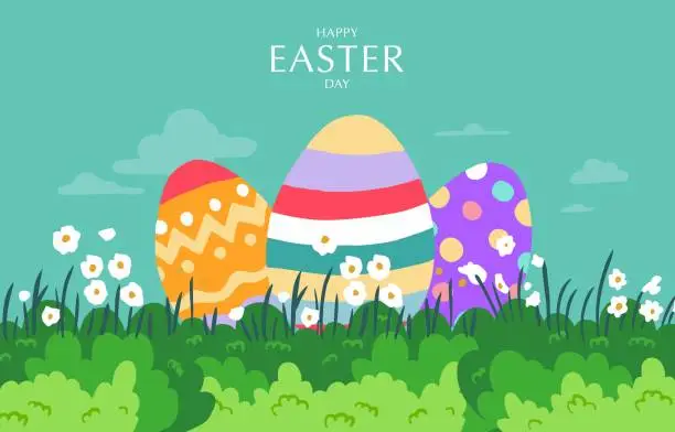 Vector illustration of Collection of easter background set with rabbit and egg in garden Editable vector illustration for horizontal banner