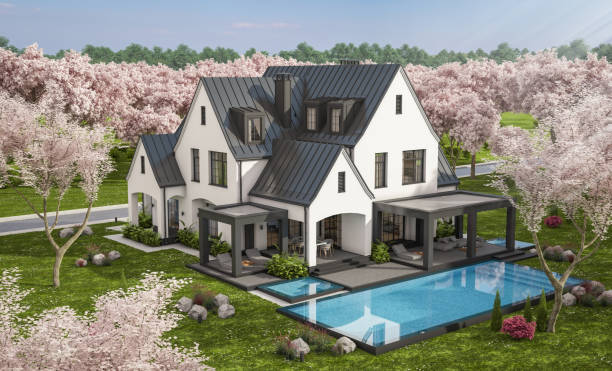 istock 3d rendering of new concrete house in modern style in spring day 2005002698