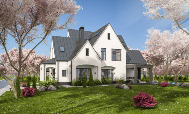 istock 3d rendering of new concrete house in modern style in spring day 2005002704