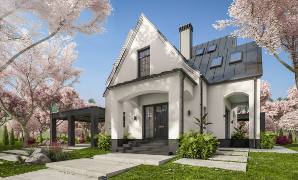 istock 3d rendering of new concrete house in modern style in spring day 2005002709